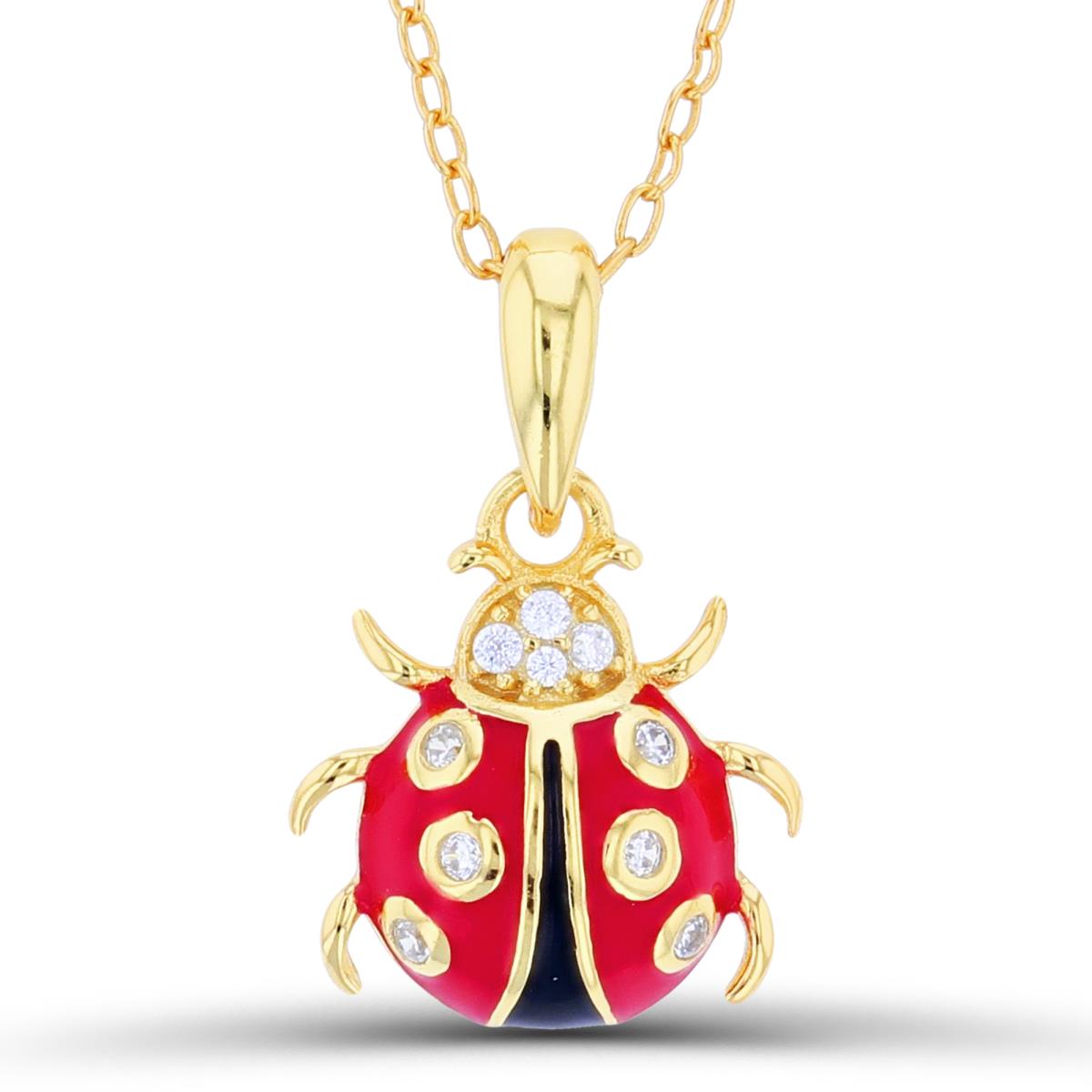 Sterling Silver Yellow 18x12mm CZ & Enamel Lady Bug 16"+2" Necklace