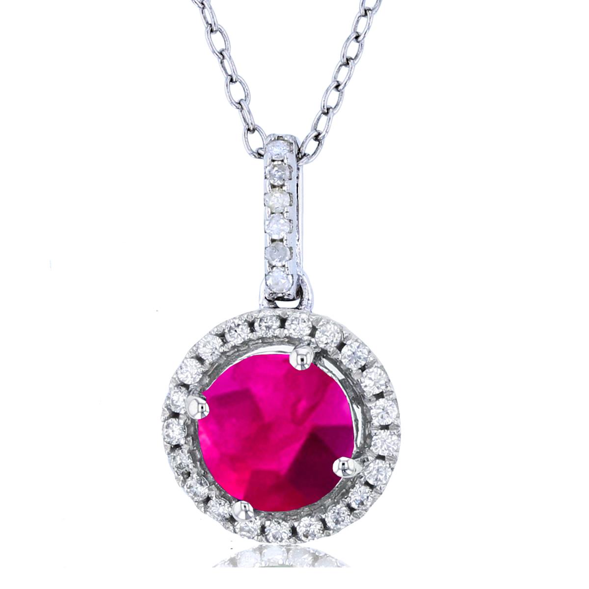 14K White Gold  0.15cttw Rnd Diamonds & 7mm Rnd Created Ruby Halo 18"Necklace