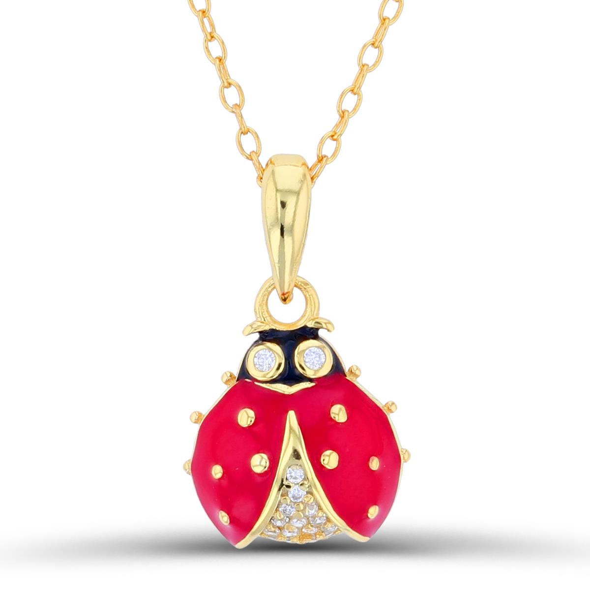 Sterling Silver Yellow 18x10mm Enamel & CZ Lady Bug 13"+2" Necklace