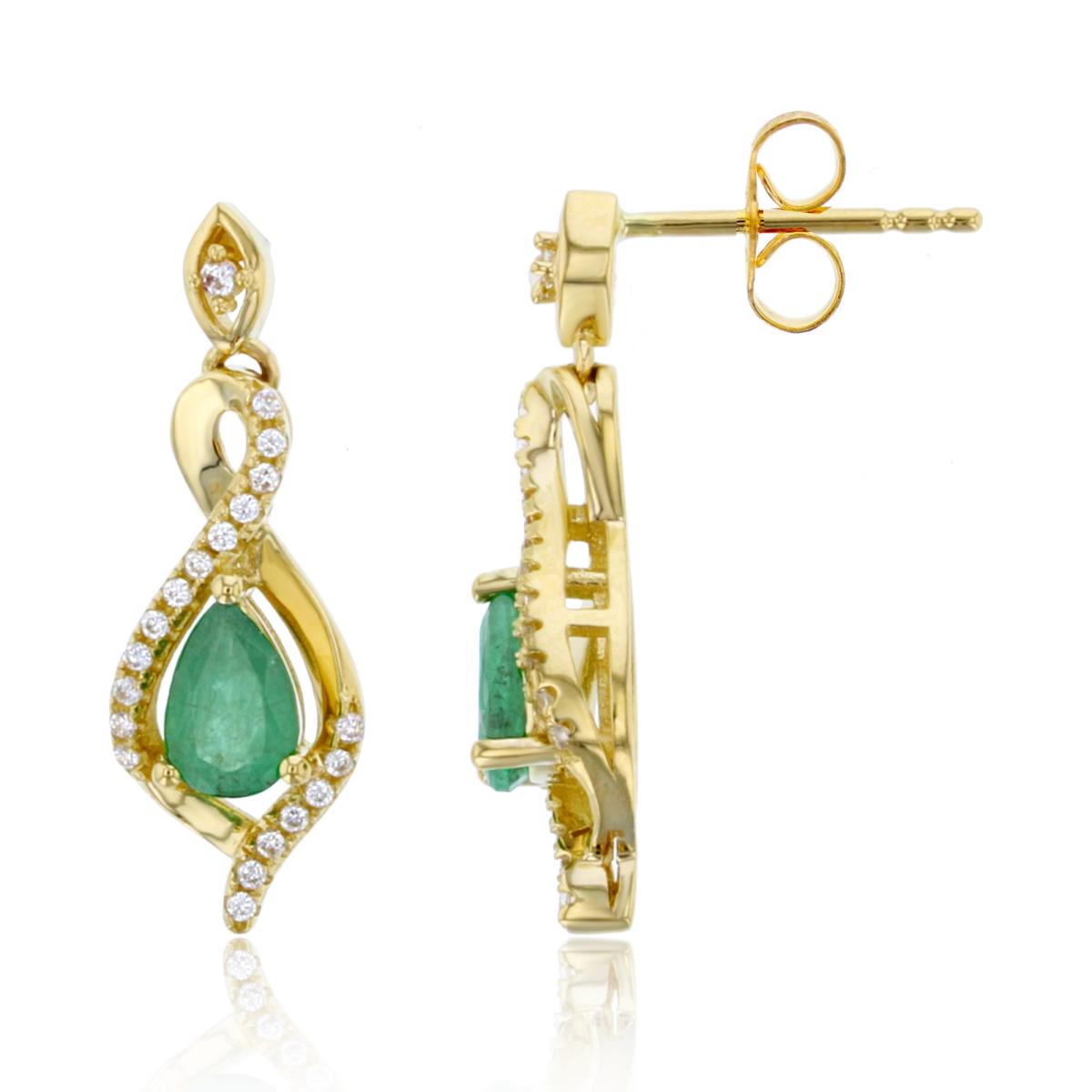 14K Yellow Gold 0.172 cttw Diamond & 7x5mm Pear Emerald Earrings