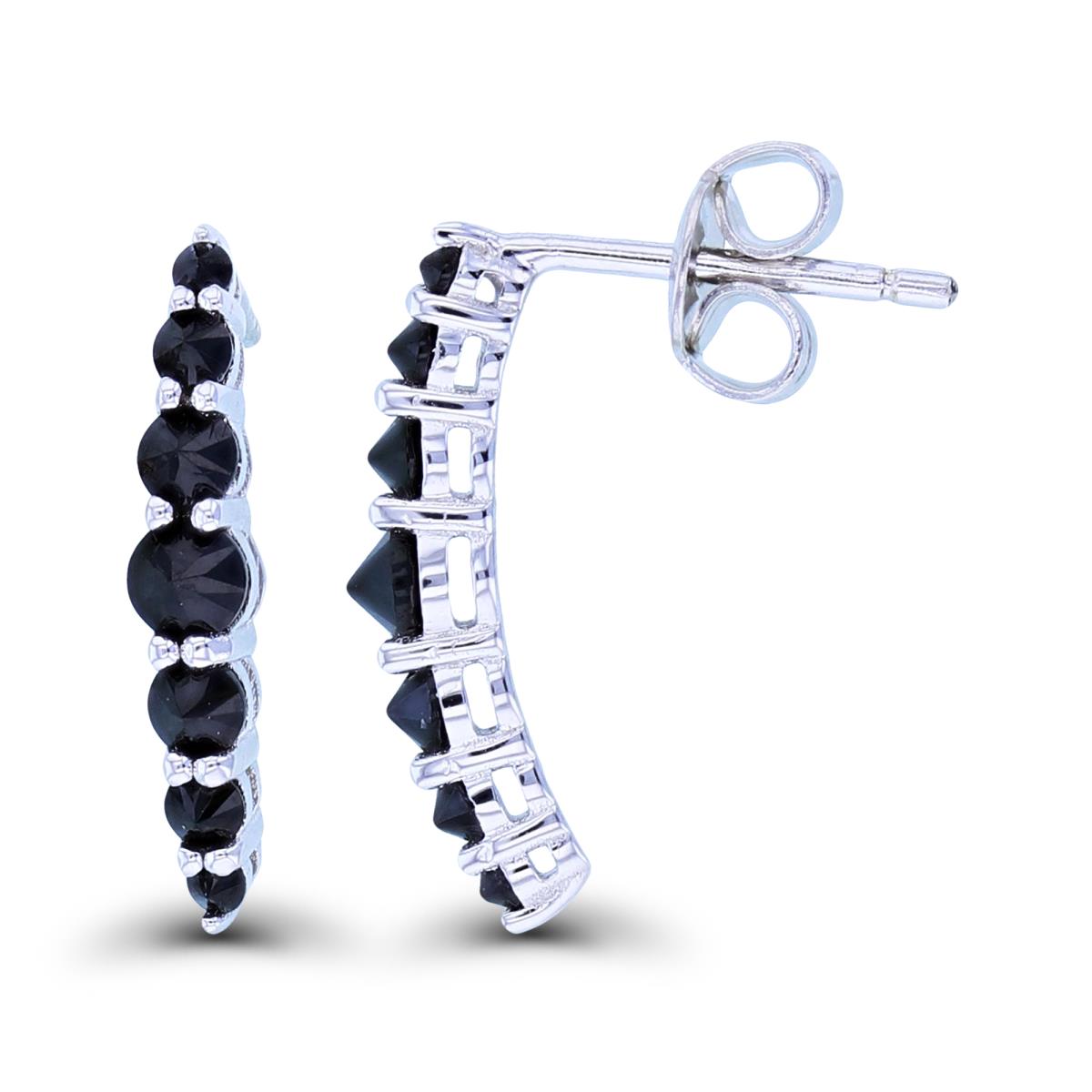Sterling Silver Rhodium Graduating Black Spinel Curved Dangling Earring