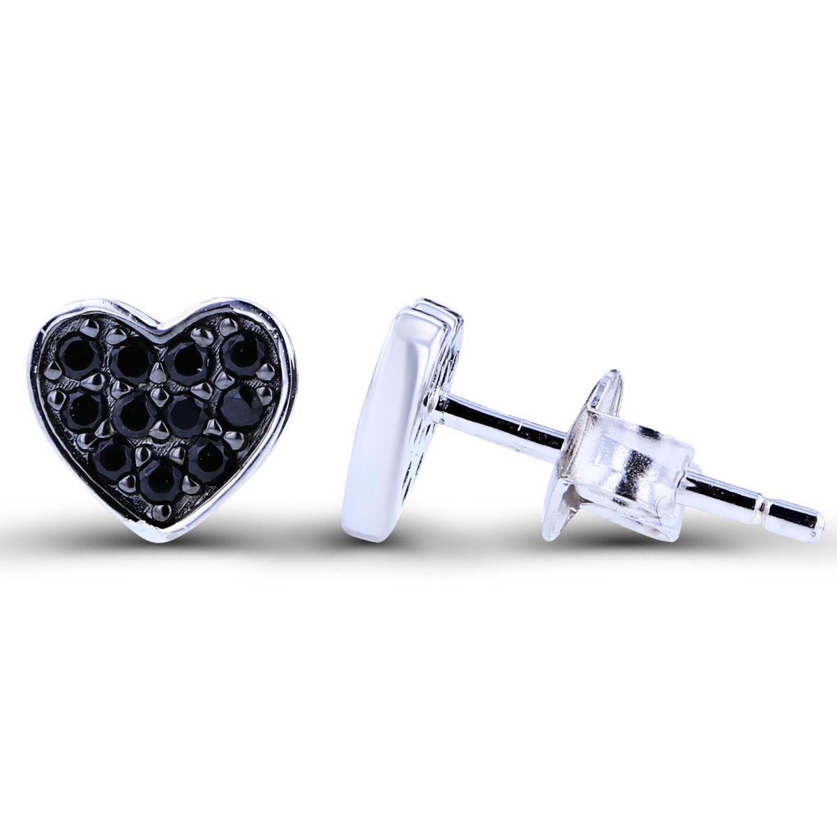 Sterling Silver Black & Rhodium Black CZ Paved Heart Stud Earring
