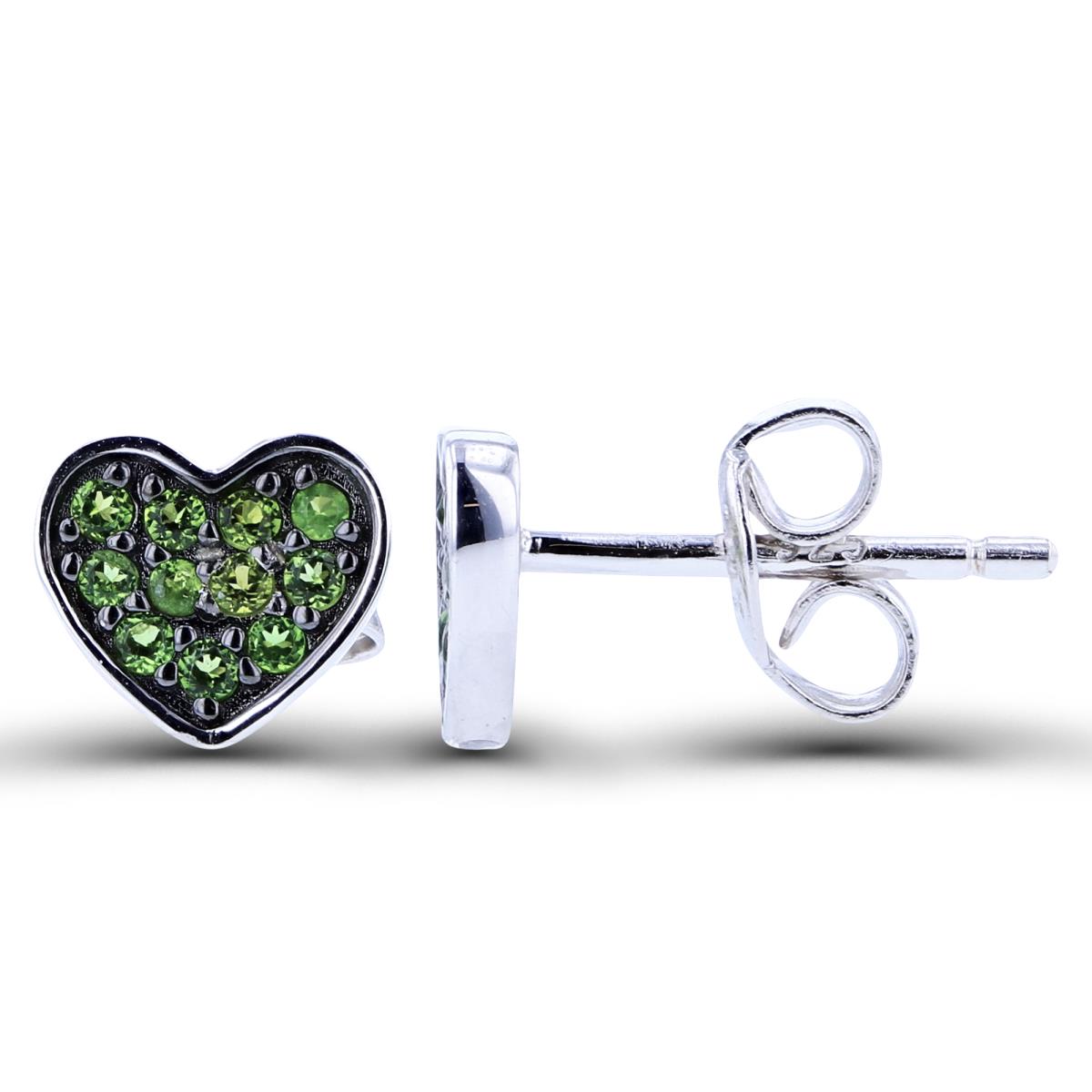 Sterling Silver Black & Rhodium Chrome Diopside Paved Heart Stud Earring