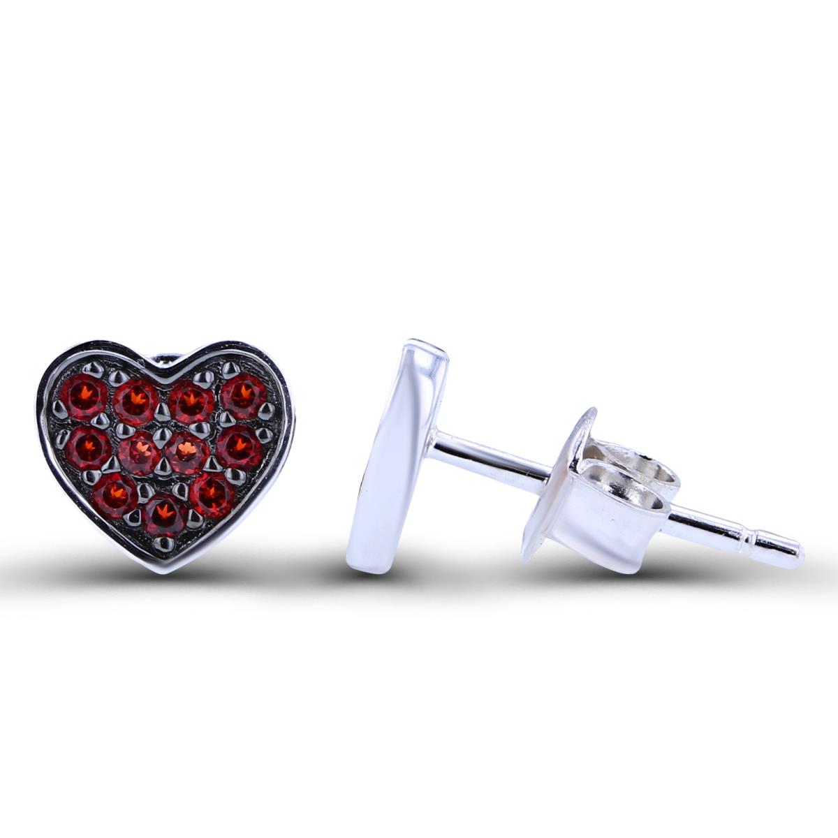Sterling Silver Black & Rhodium Garnet Paved Heart Stud Earring