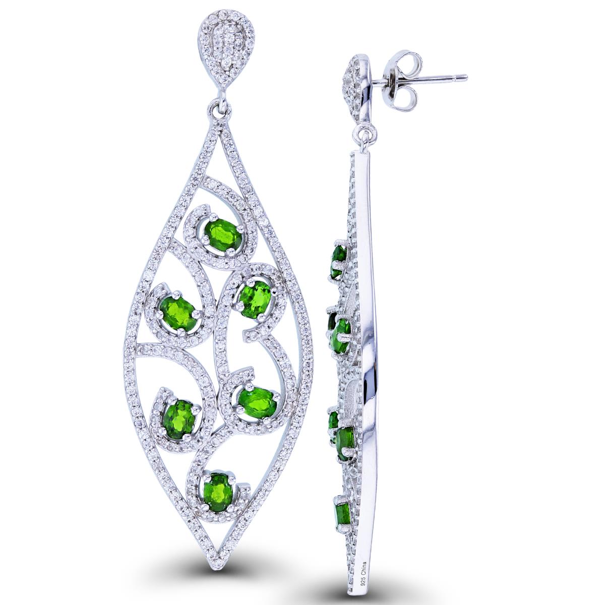 Sterling Silver Rhodium Chrome Diopside & White Zircon Filigree Marquise Dangling Earring