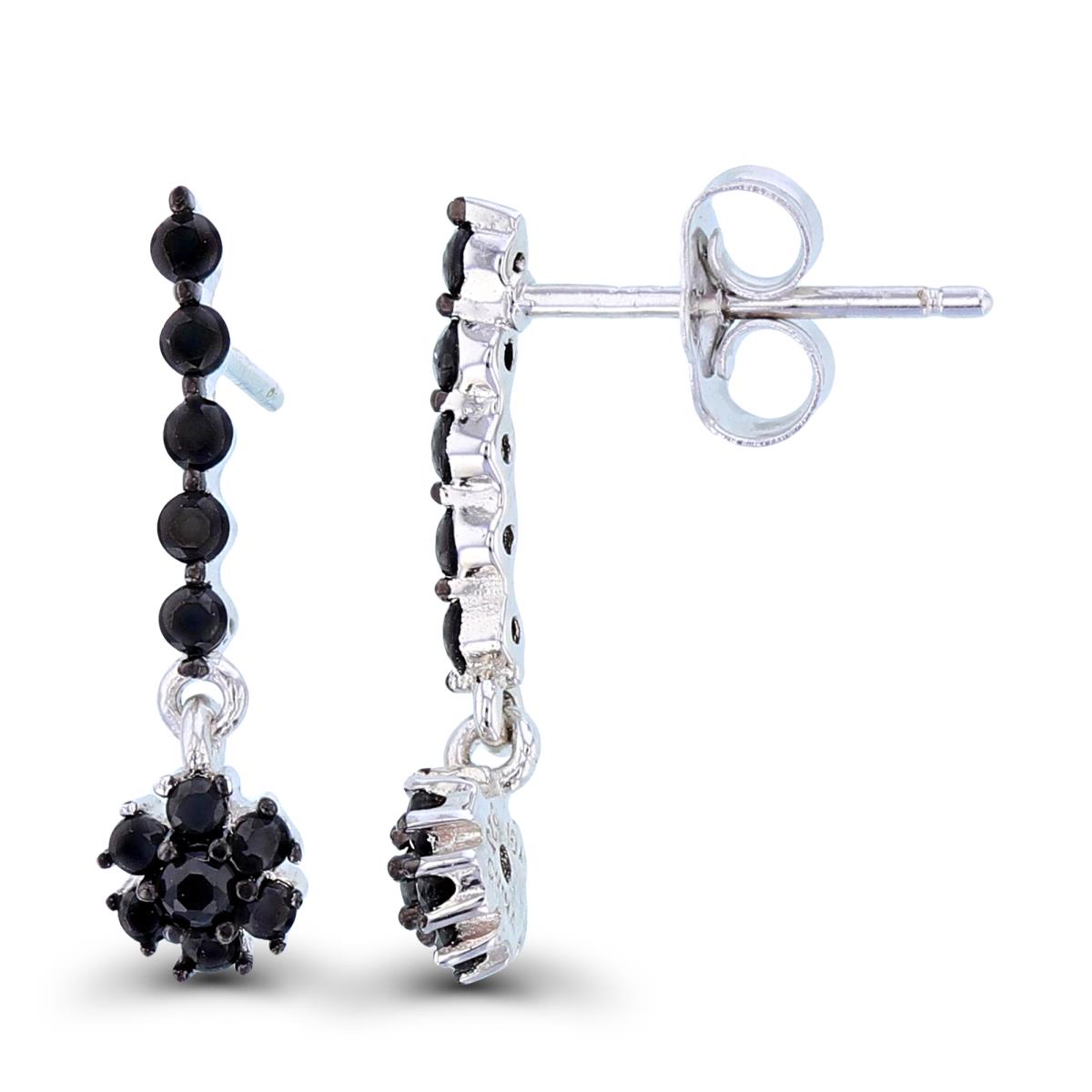 Sterling Silver Two-Tone Rnd Black Spinel Flower Dangling Earrings