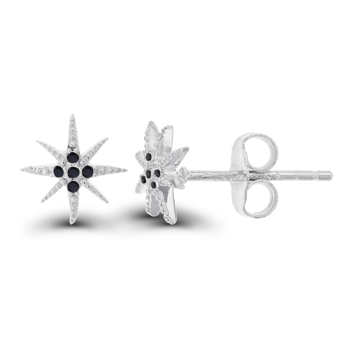 Sterling Silver Two-Tone Beaded Rnd Black Spinel Star Studs