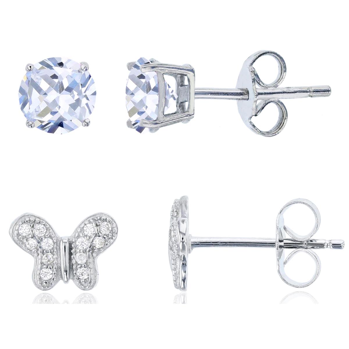 Sterling Silver Rhodium 4mm Rnd CZ Solitaire & Butterfly Stud Earring Set