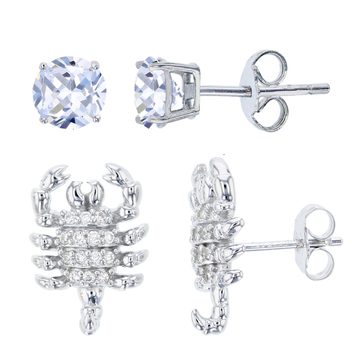 Sterling Silver Rhodium 4mm Rnd CZ Solitaire & Scorpion Stud Earring Set