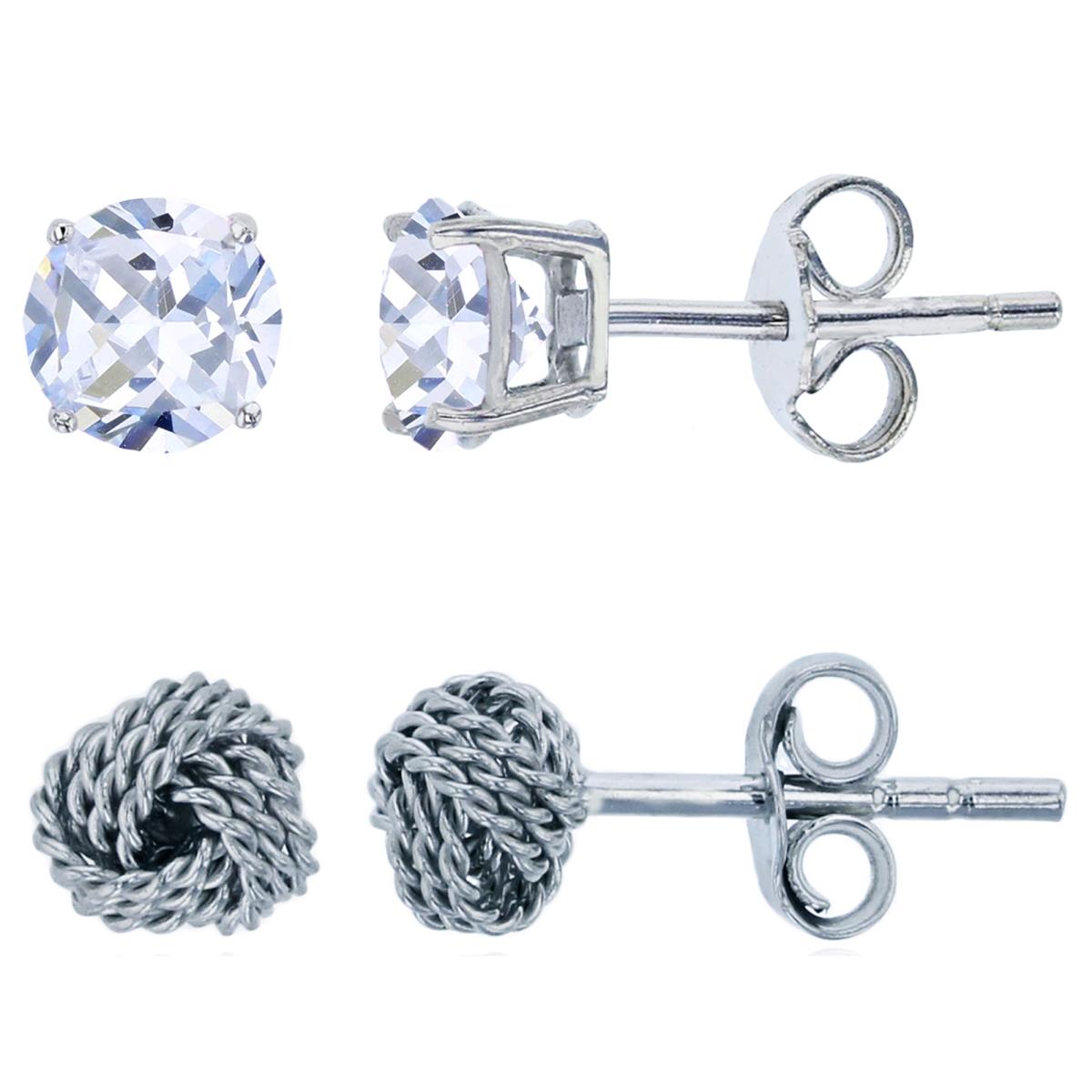 Sterling Silver Rhodium 4mm Rnd CZ Solitaire & Knot Stud Earring Set