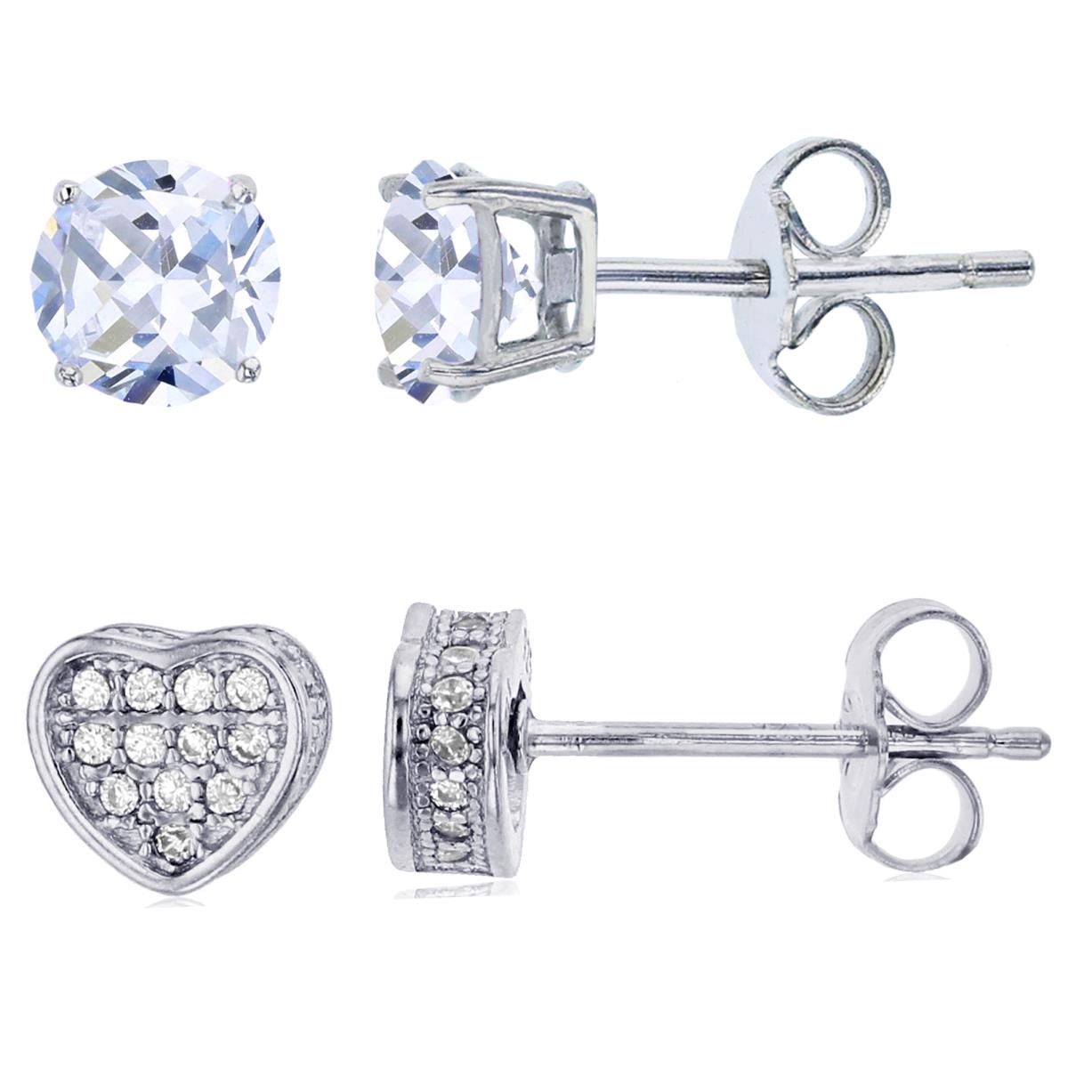 Sterling Silver Rhodium 4mm Rnd CZ Solitaire & Pave Heart Stud Earring Set