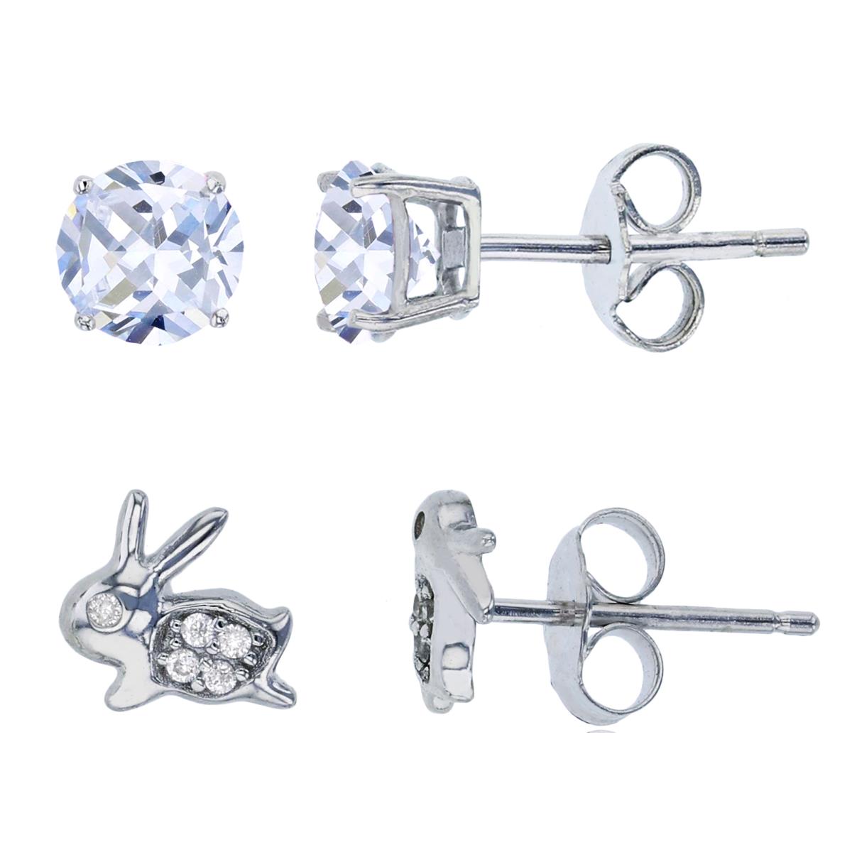 Sterling Silver Rhodium 4mm Rnd CZ Solitaire & Bunny Stud Earring Set