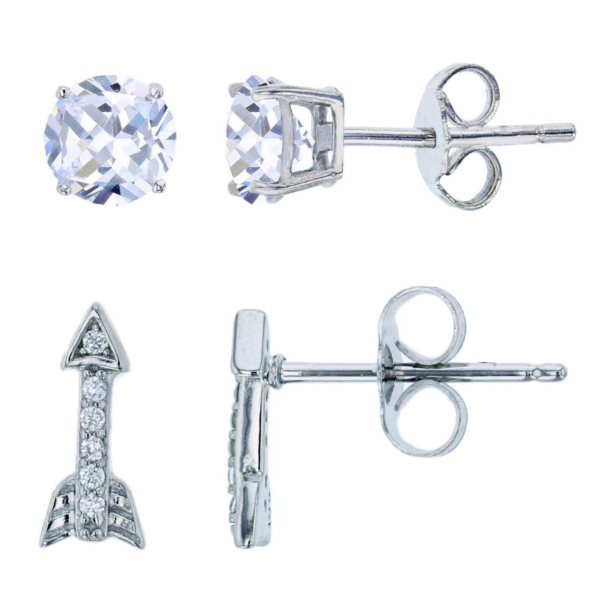 Sterling Silver Rhodium 4mm Rnd CZ Solitaire & Arrow Stud Earring Set