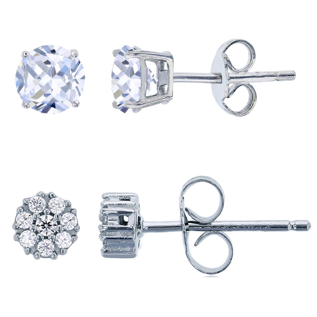Sterling Silver Rhodium 4mm Rnd CZ Solitaire & Cluster Stud Earring Set