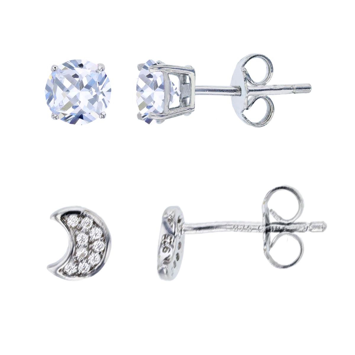 Sterling Silver Rhodium 4mm Rnd CZ Solitaire & Pave Moon Stud Earring Set