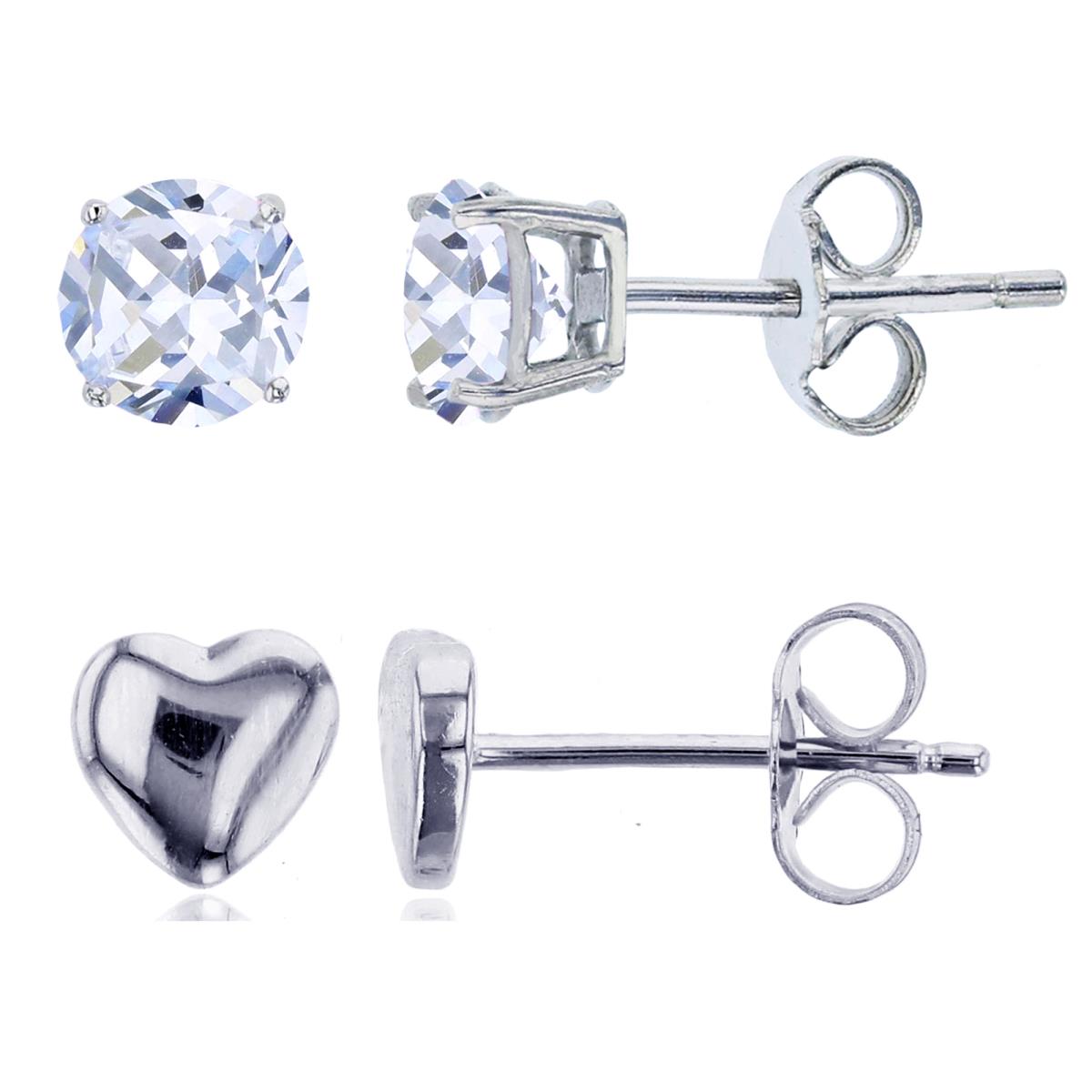 Sterling Silver Rhodium 4mm Rnd CZ Solitaire & Puffy High Polish Heart Stud Earring Set