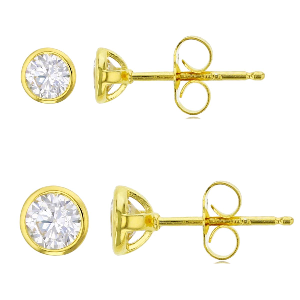 Sterling Silver Yellow 3mm & 5mm Round Cut CZ Bezel Solitaire Stud Earring Set