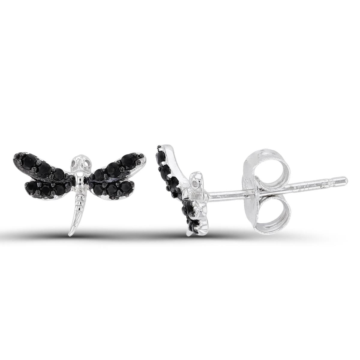 Sterling Silver Two-Tone Rnd Black Spinel Dragonfly Studs