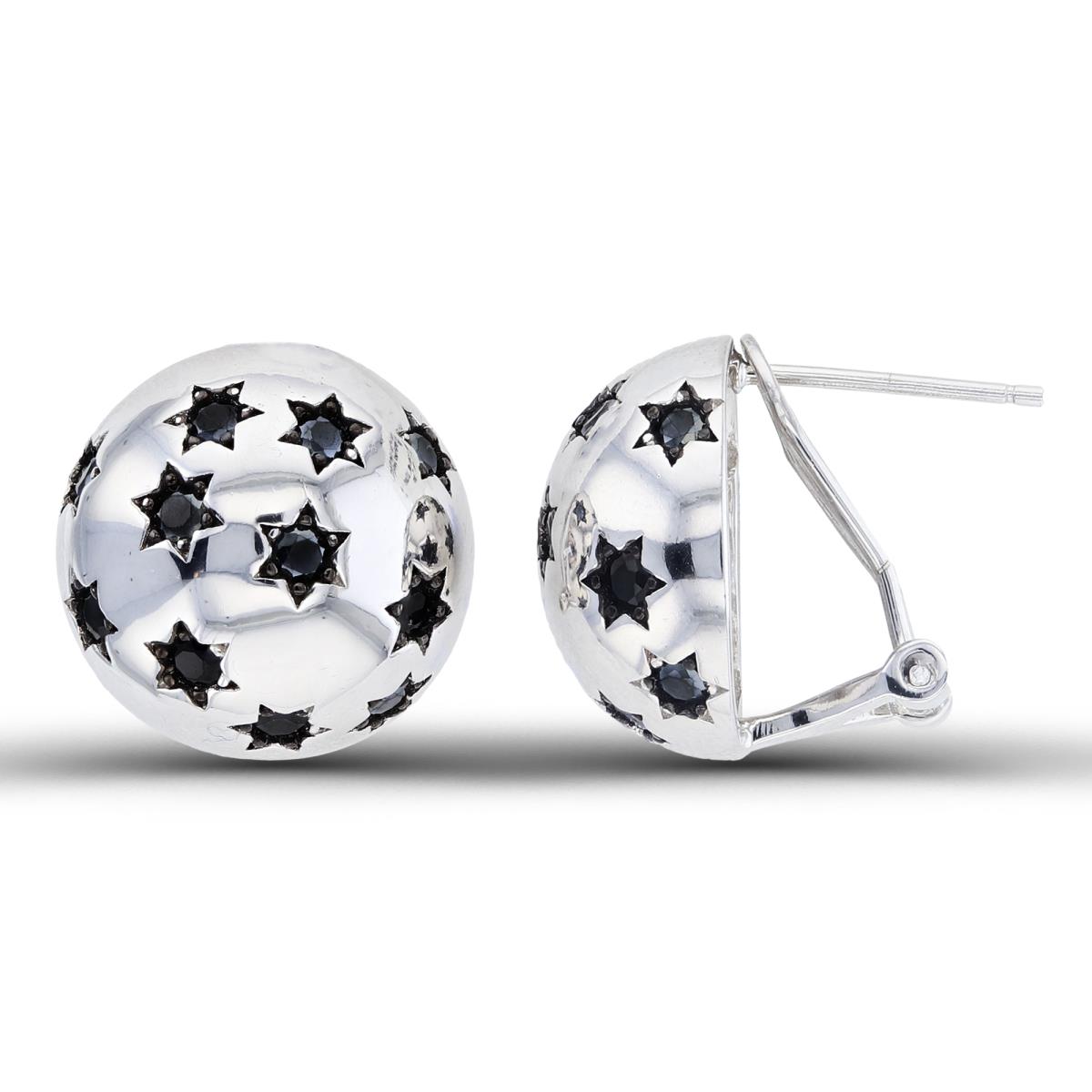Sterling Silver Two-Tone Rnd Black Spinel Textured Stars  Dome Circle Stud Earrings