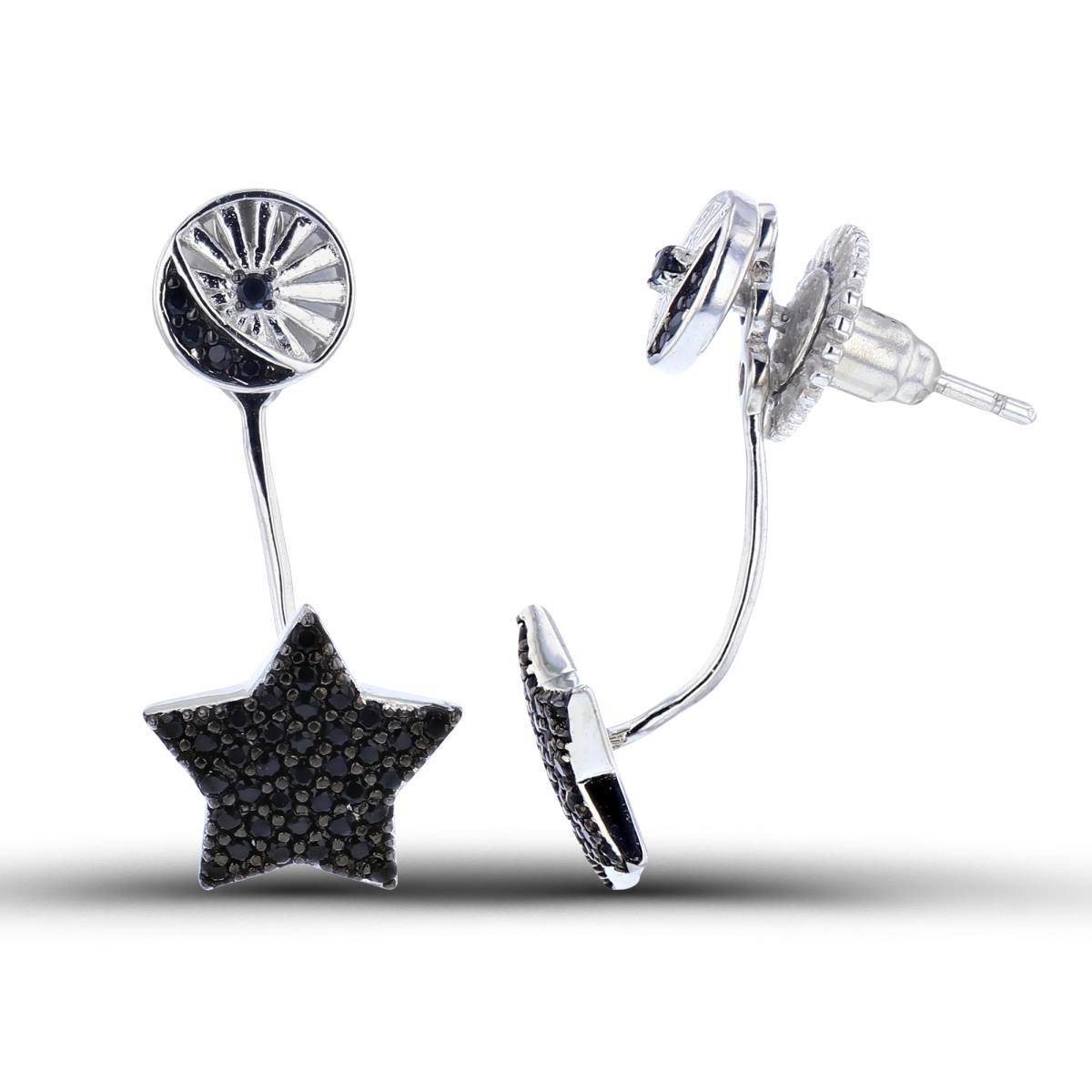 Sterling Silver Two-Tone Rnd Black Spinel Textured Circle Top & Pave Star Bottom "Telephone" Earrings with Fashion Screw Backs