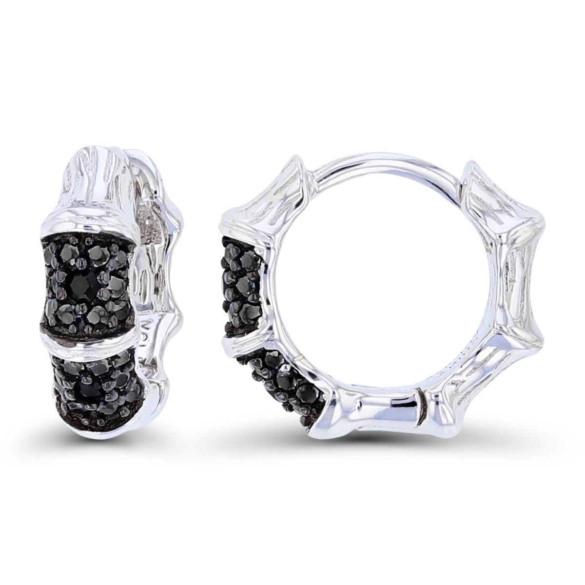 Sterling Silver Two-Tone Rnd Black Spinel Pave Textured Puffy Huggie Earrings