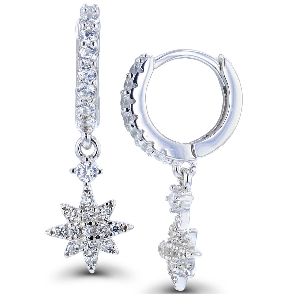 Sterling Silver Rhodium Rnd White CZ Star Dangling on 10x1.7mm Huggie Earrings