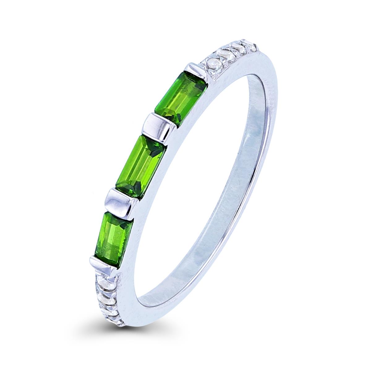 Sterling Silver Rhodium Baguette Chrome Diopside & Round White Zircon Thin Fashion Ring