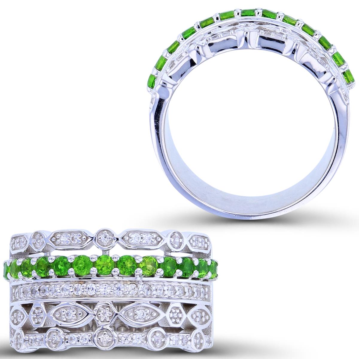 Sterling Silver Rhodium Chrome Diopside & White Zircon Multi Row Geometric Fashion Ring