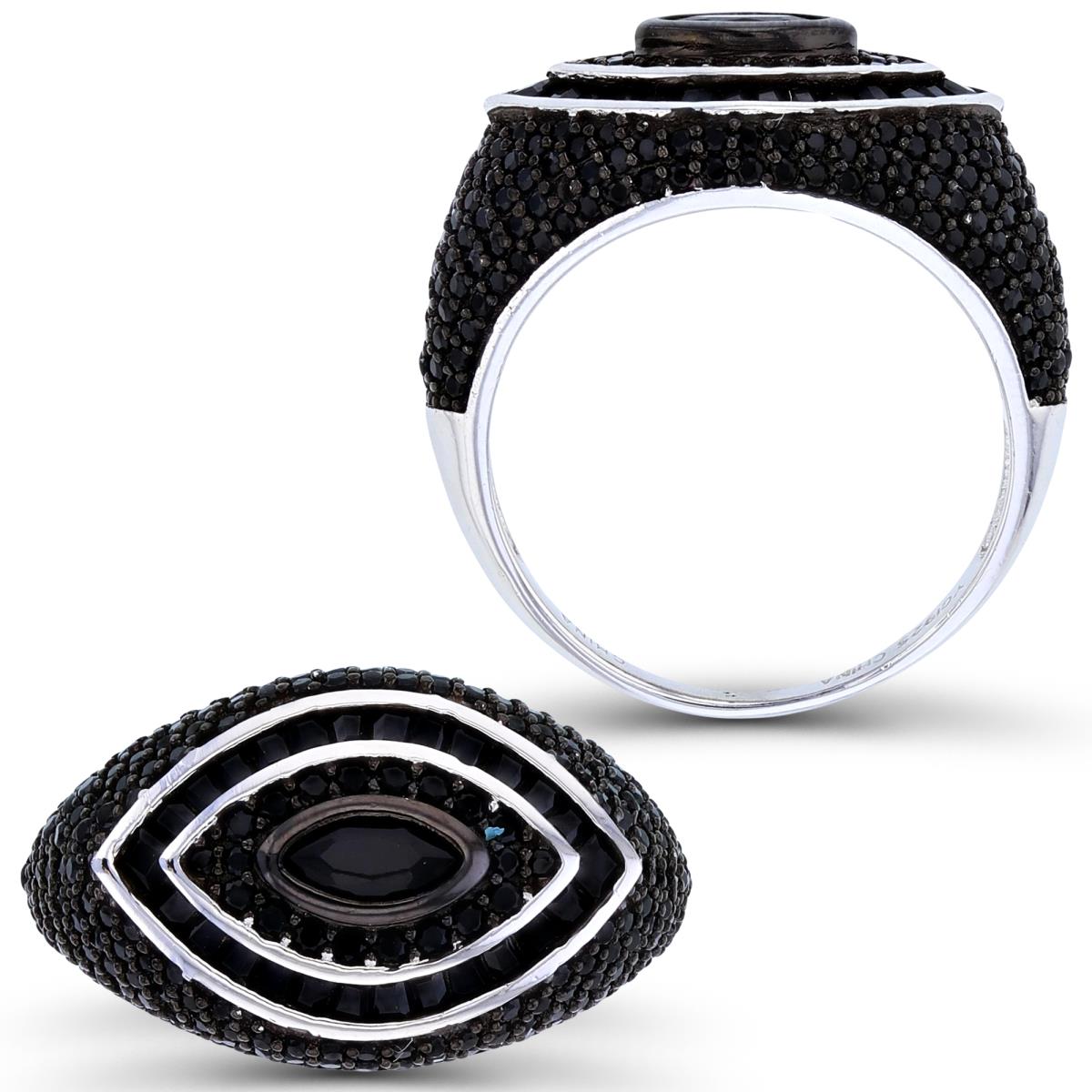 Sterling Silver Two-Tone 6x3mm MQ Center & SB/TB/Rnd Black Spinel Pave Domed Ring
