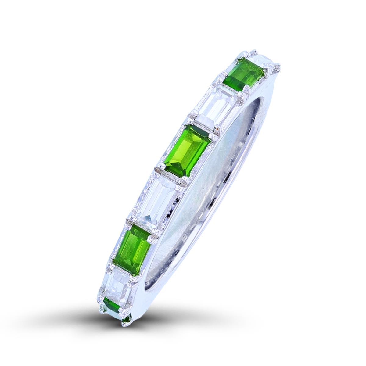 Sterling Silver Rhodium Baguette Chrome Diopside & White Zircon Fashion Ring