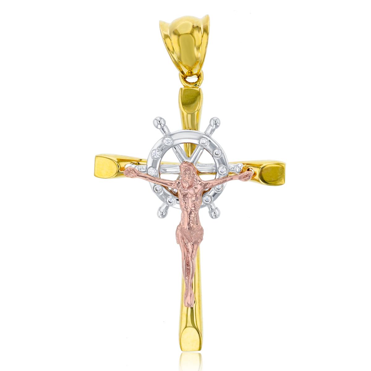 14K Tricolor Gold Round White Sapphire Crucifix Cross with Ship's Wheel Pendant