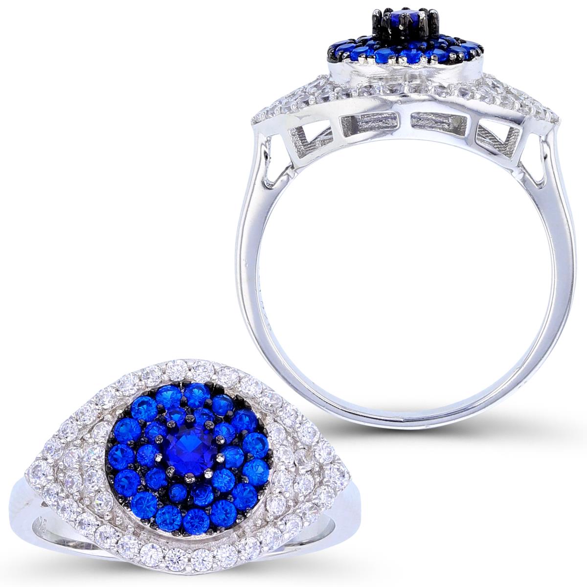 Sterling Silver Two-Tone (W/B) Rnd #113 Blue Spinel & White CZ Evil Eye Pave Puffy Ring