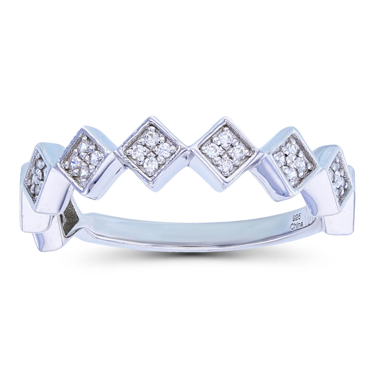Sterling Silver Rhodium White Zircon ZigZag Fashion Ring