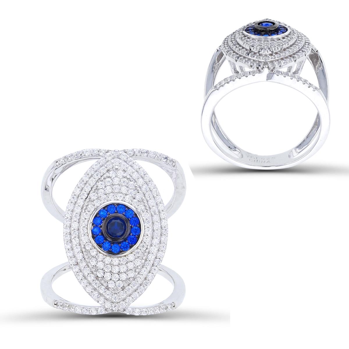 Sterling Silver Two-Tone (W/B) Micropave Rnd #113 Blue Spinel & White CZ Evil Eye Open Ring