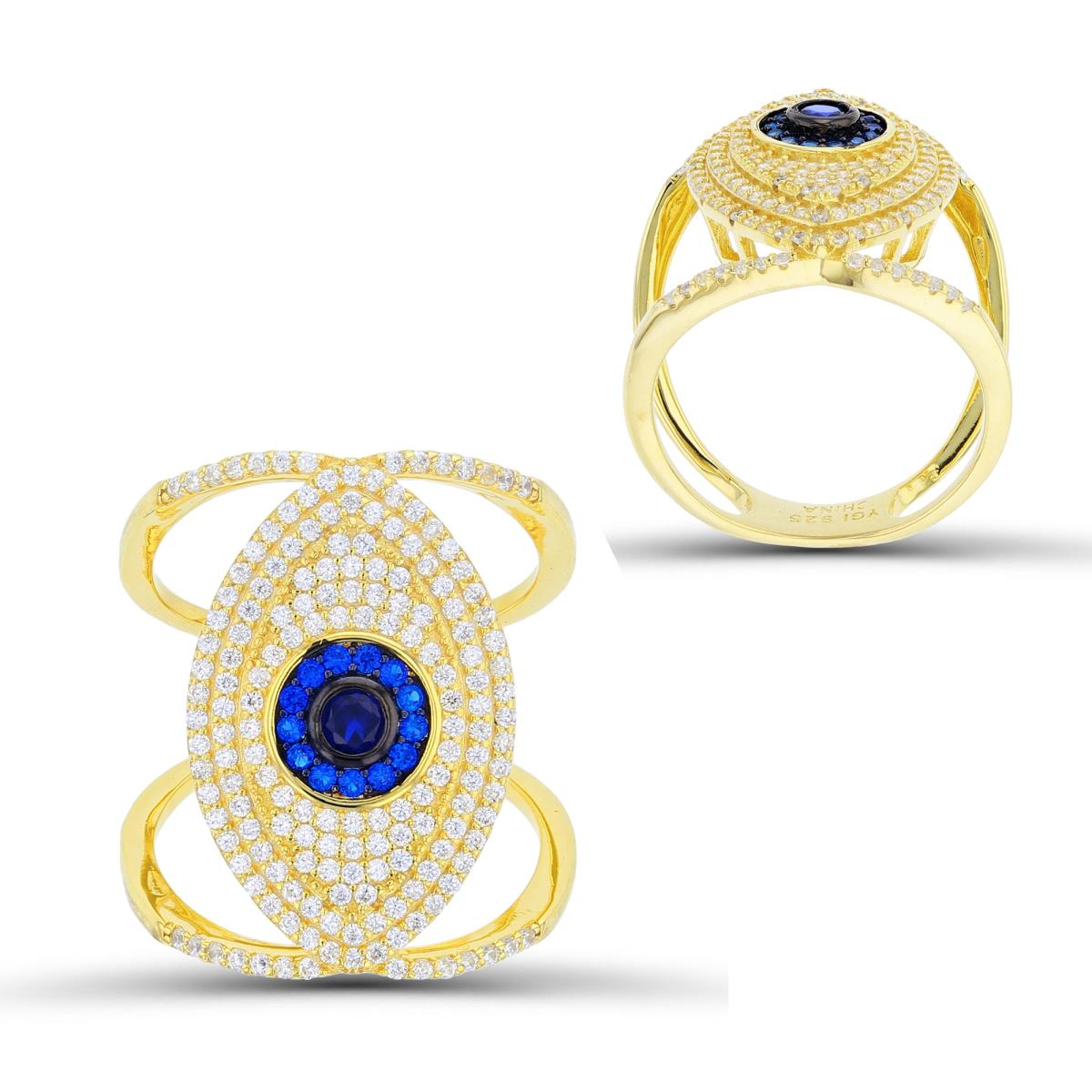Sterling Silver Two-Tone (Y/B) Micropave Rnd #113 Blue Spinel & White CZ Evil Eye Open Ring