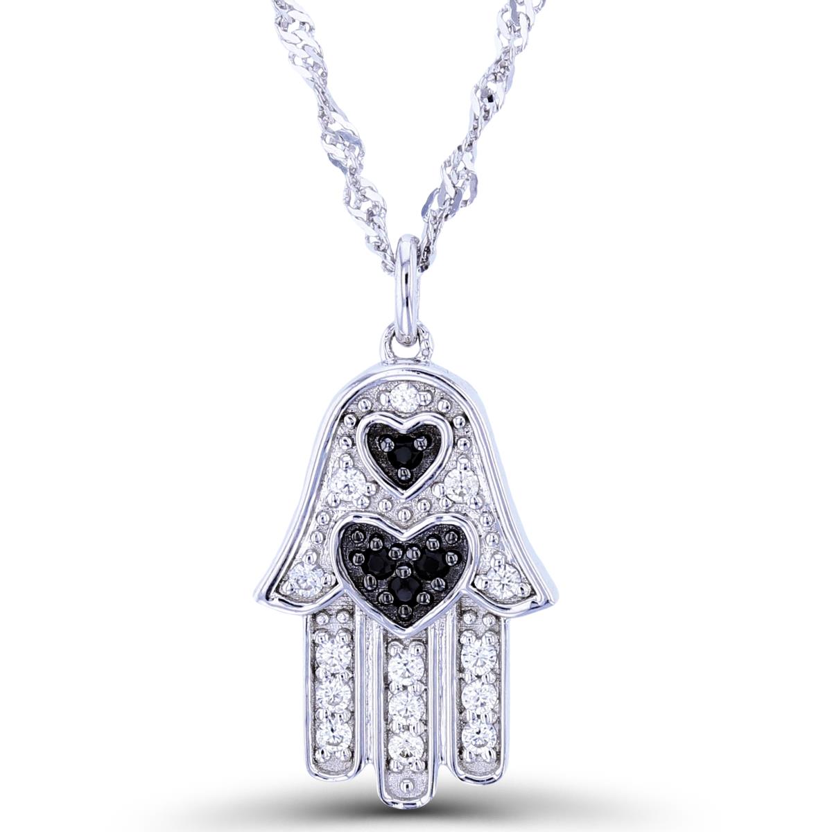 Sterling Silver Black & Rhodium Black Spinel & White Zircon Heart Hamsa 18"+2" Necklace