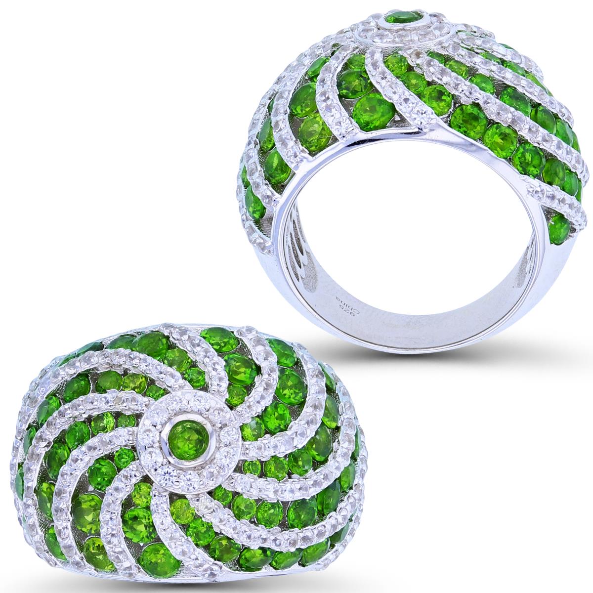 Sterling Silver Rhodium Chrome Diopside & White Zircon Swirl Domed Fashion Ring