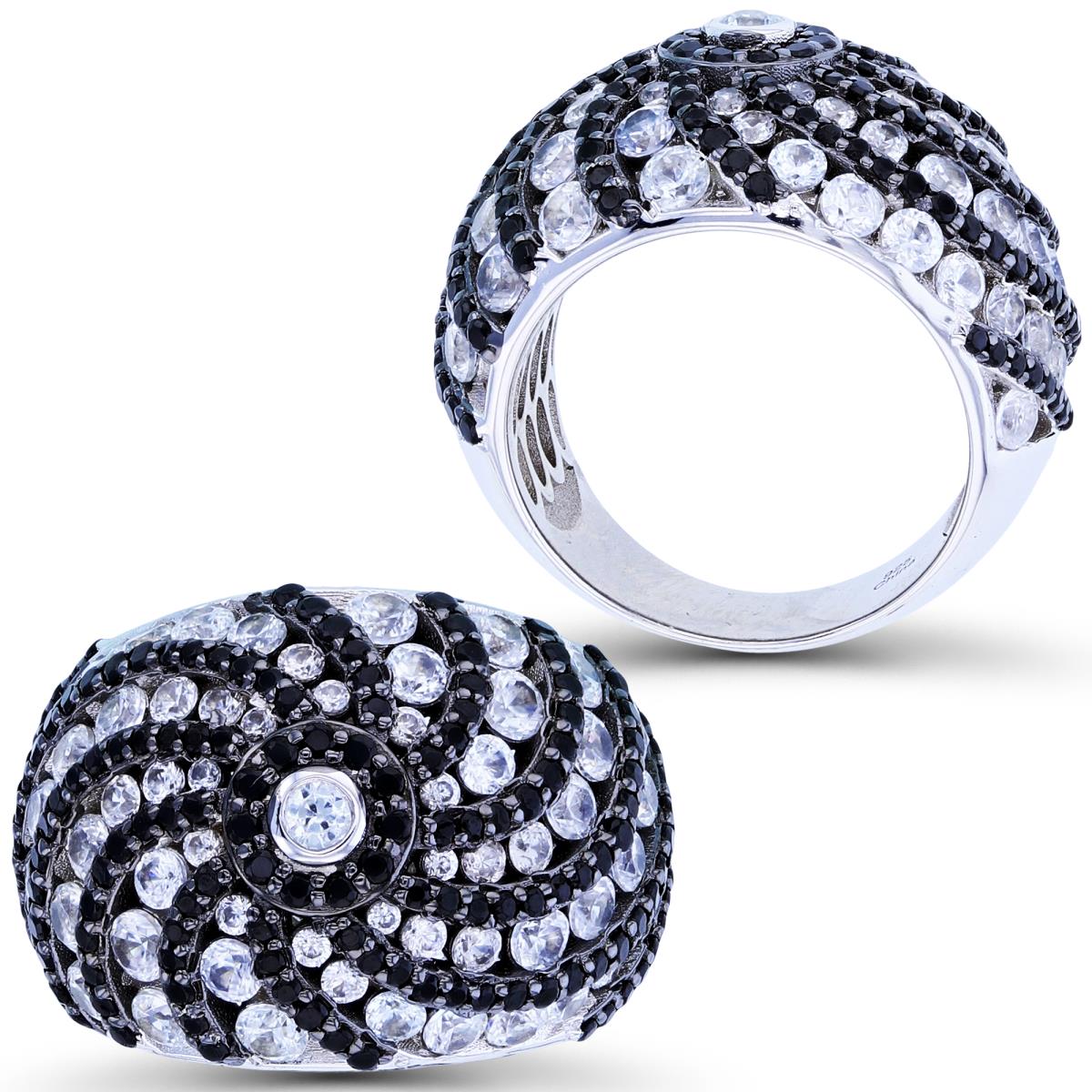Sterling Silver Black & Rhodium Black Spinel & White Zircon Swirl Domed Fashion Ring