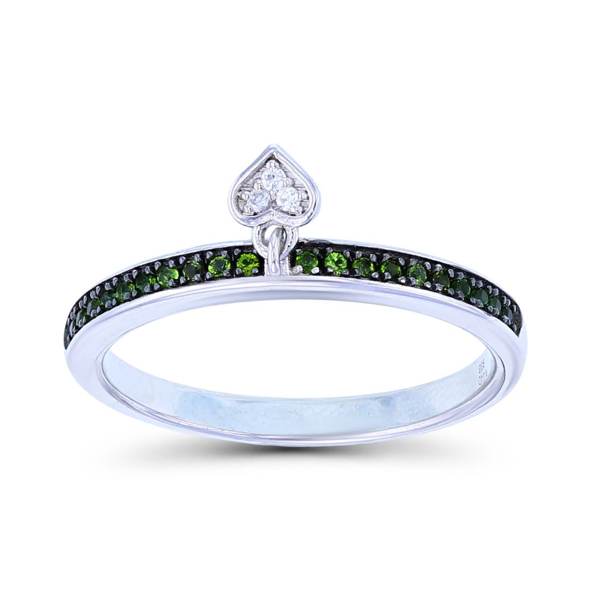 Sterling Silver Black & Rhodium Chrome Diopside & White Zircon Dangling Heart Ring