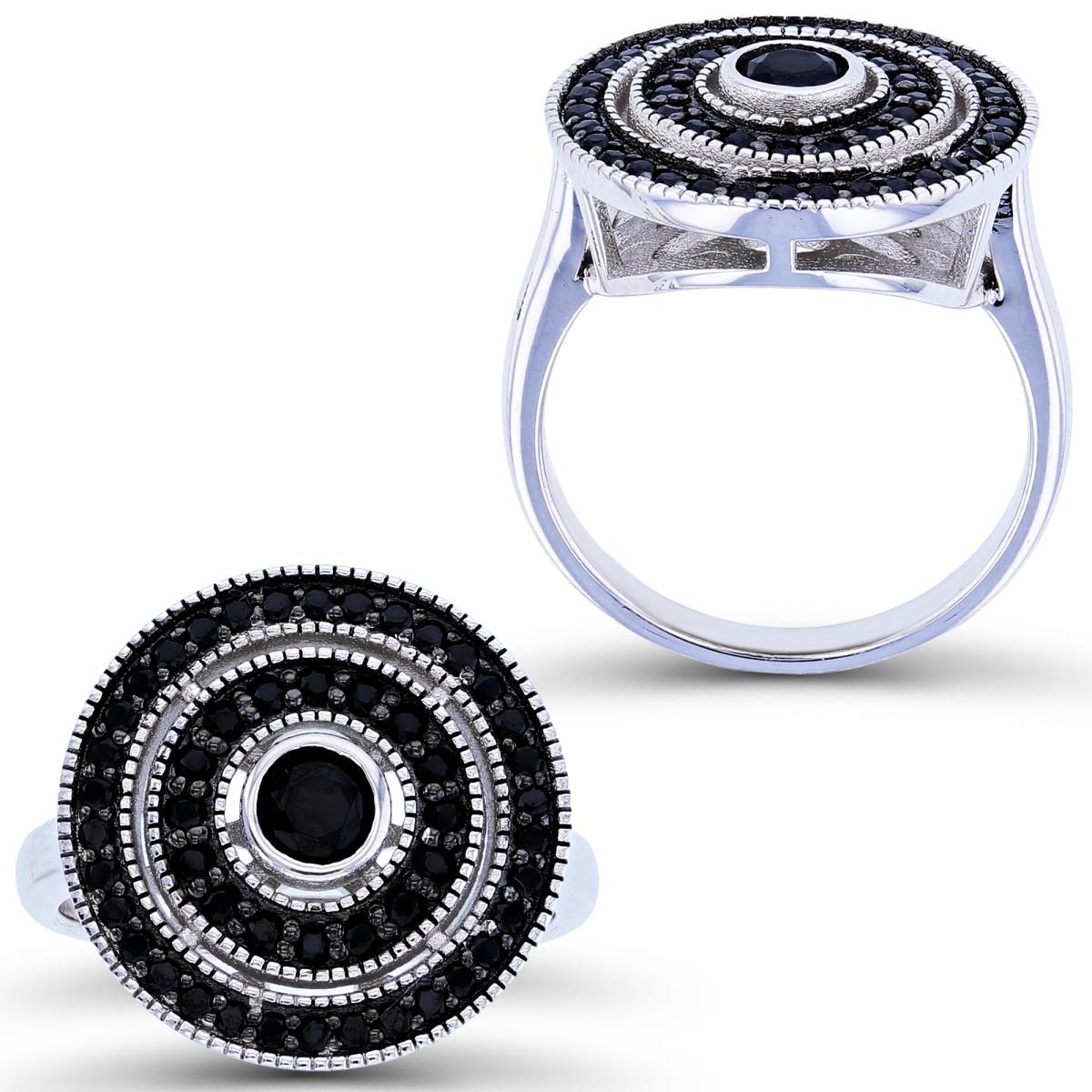 Sterling Silver Black & Rhodium Milgrain Black Spinel Multi Row Circle Ring
