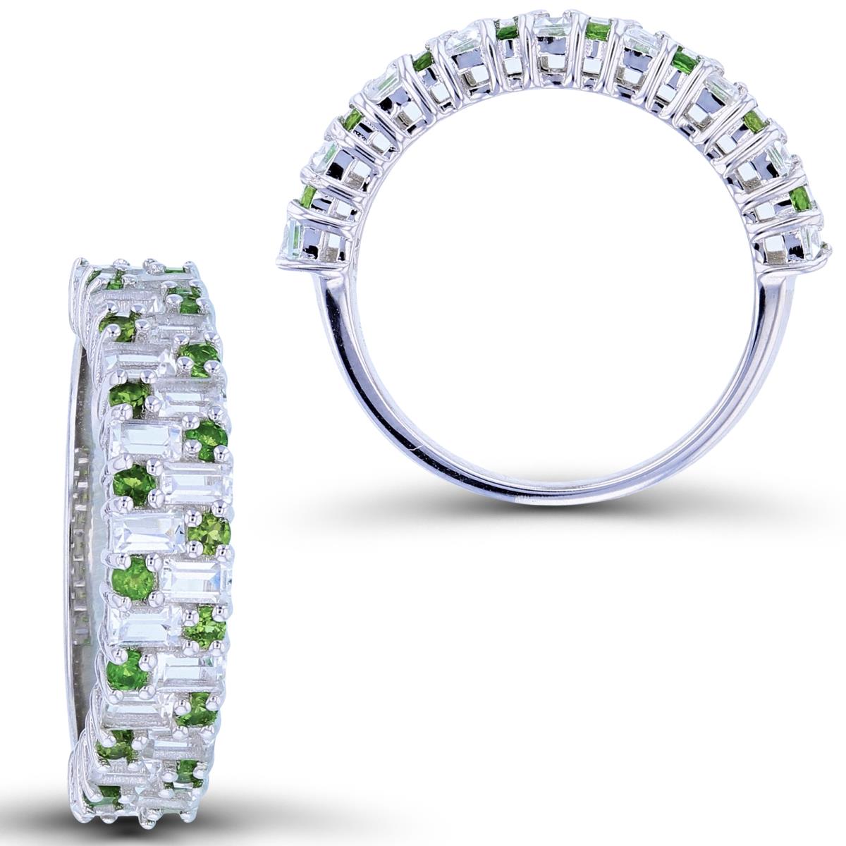 Sterling Silver Rhodium Rd Chrome Diopside & Baguette White Topaz Fashion Ring