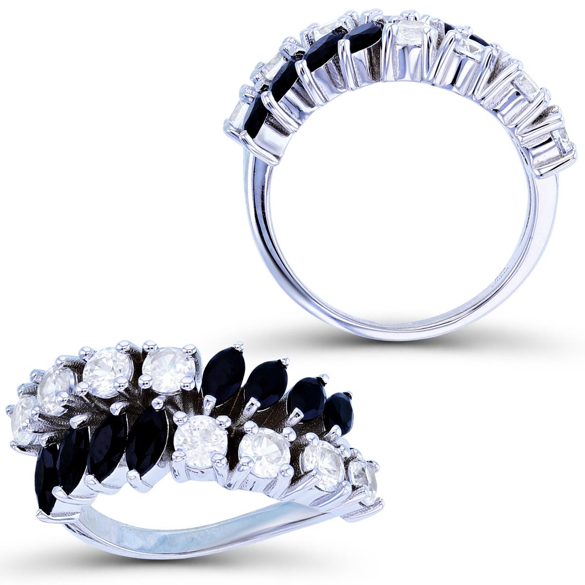 Sterling Silver Rhodium Marquise Black Spinel & Rd White Zircon 2-Row Wavy Ring