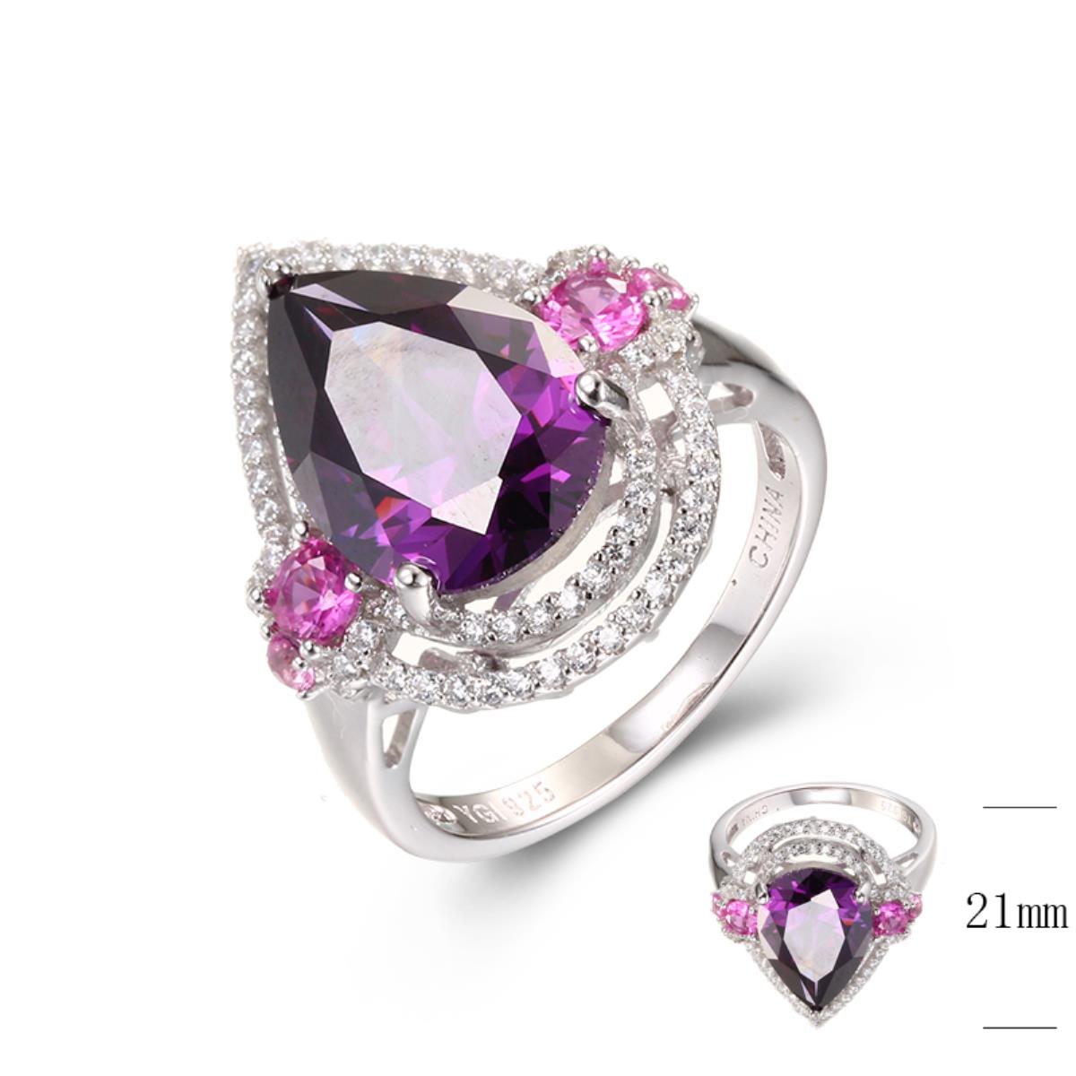 Sterling Silver Rhodium 14x10mm PS Amethyst Center & Rnd #2 Ruby/White CZ Double Halo PS-Ring