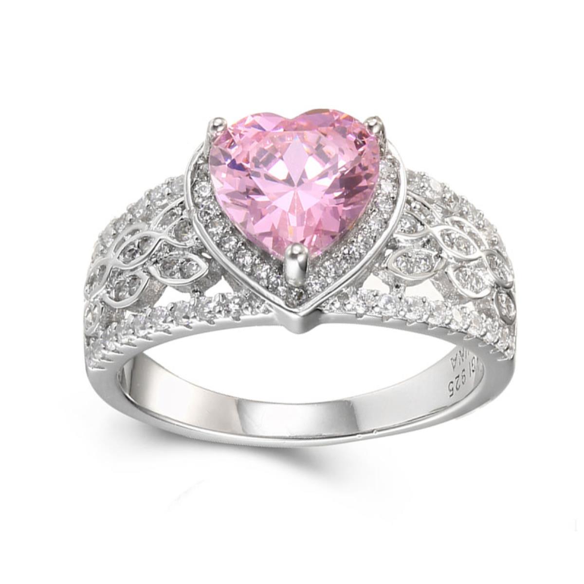 Sterling Silver Rhodium 8mm HS Pink CZ Center & Rnd White CZ Halo Heart Shape 10.5mm Ring