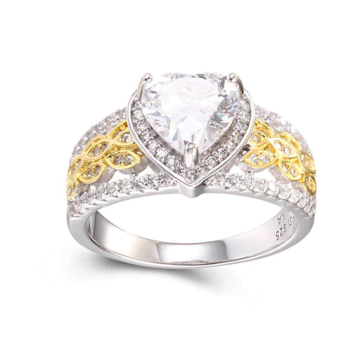 Sterling Silver Two-Tone (W/Y) 8mm HS White CZ Center & Rnd White CZ Halo Heart Shape 10.5mm Ring