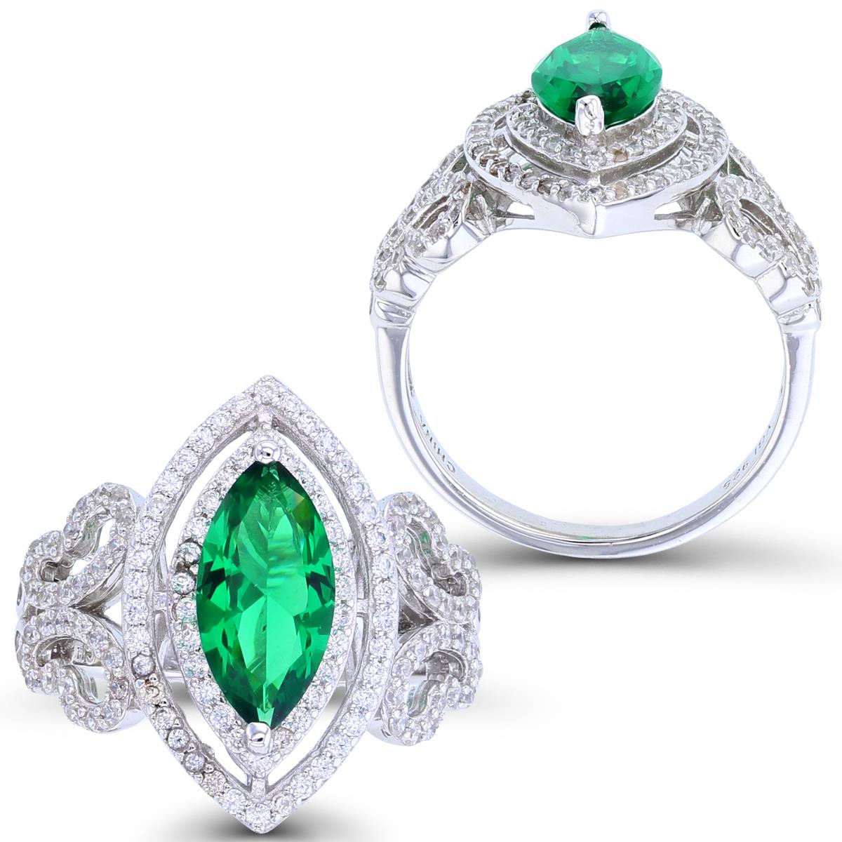 Sterling Silver Rhodium 12x6mm MQ Nano Green Center & Rnd White CZ Double Halo MQ-Ring with Butterfly on Sides