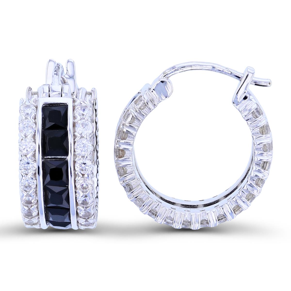 Sterling Silver Rhodium Rd White Zircon and Sq Black Spinel Center Row Hoop Earring