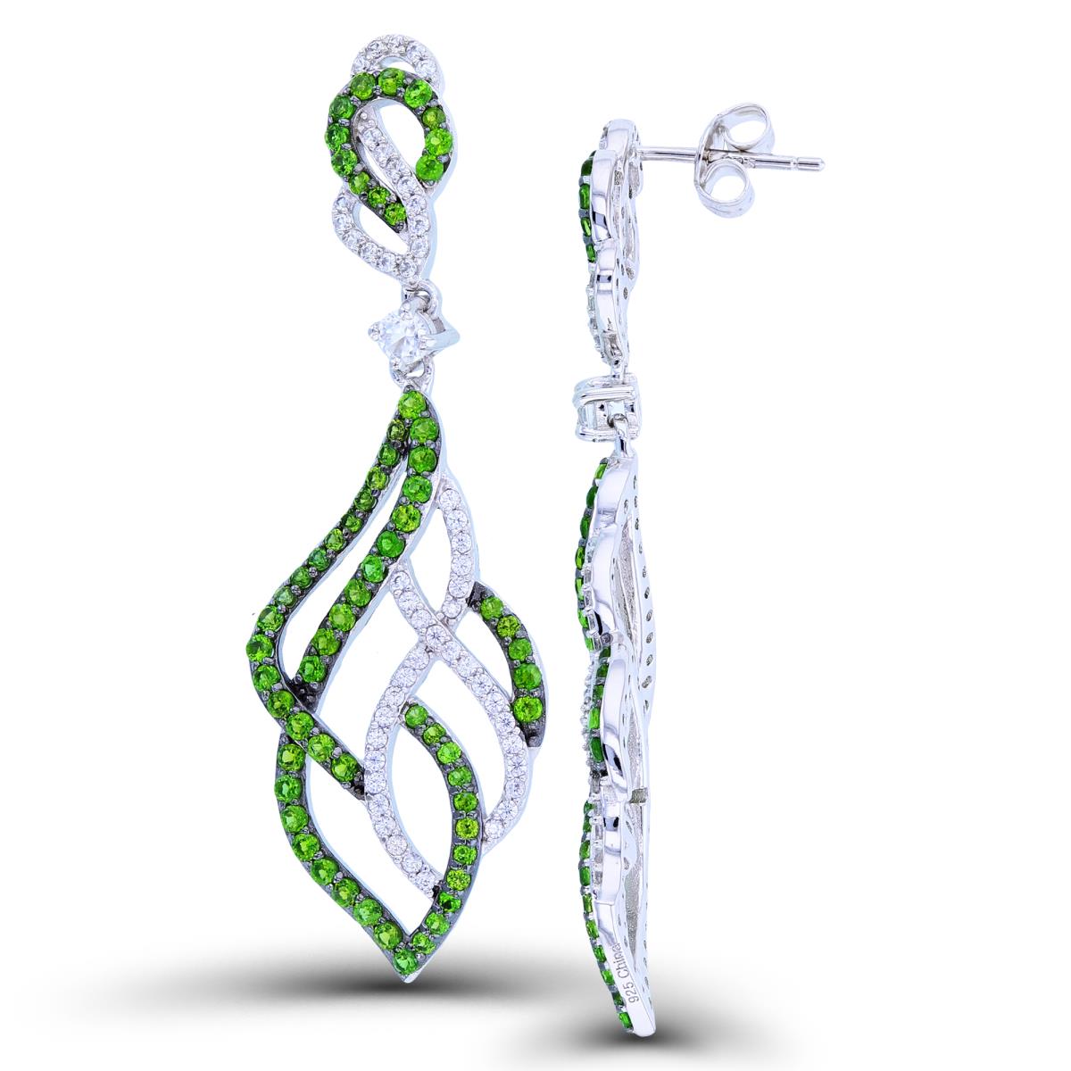 Sterling Silver Black & Rhodium Chrome Diopside/White Zircon Flame Dangling Earring