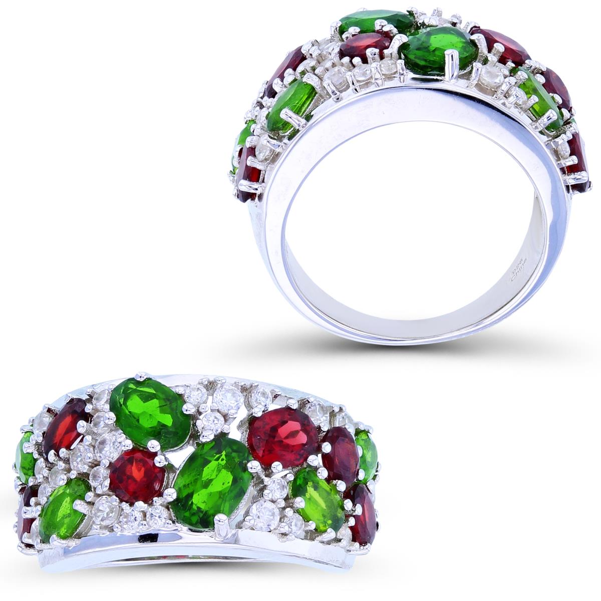 Sterling Silver Rhodium Scattered Chrome Diopside/Garnet/White Zircon Fashion Ring