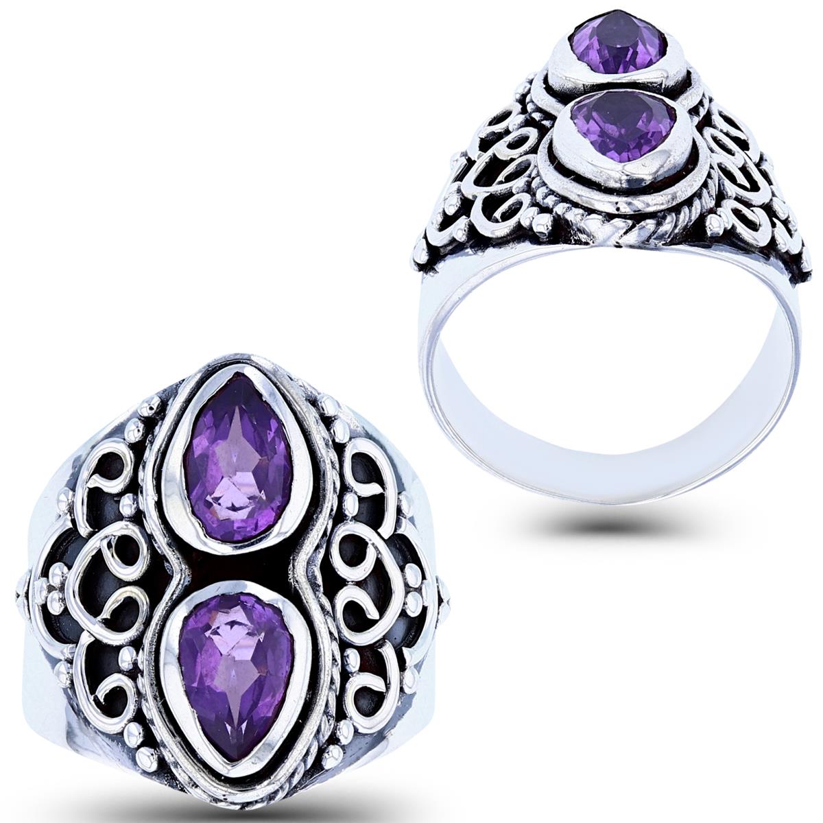 Sterling Silver Oxidized Textured Upside/Down 8x5mm PS  Amethyst Ornament Ring